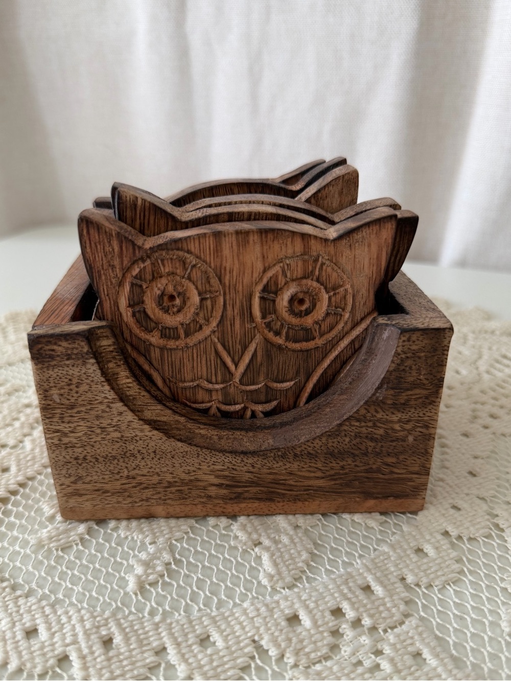 Darling Hand-Carved Wooden Owl Coaster Set - set of 6
